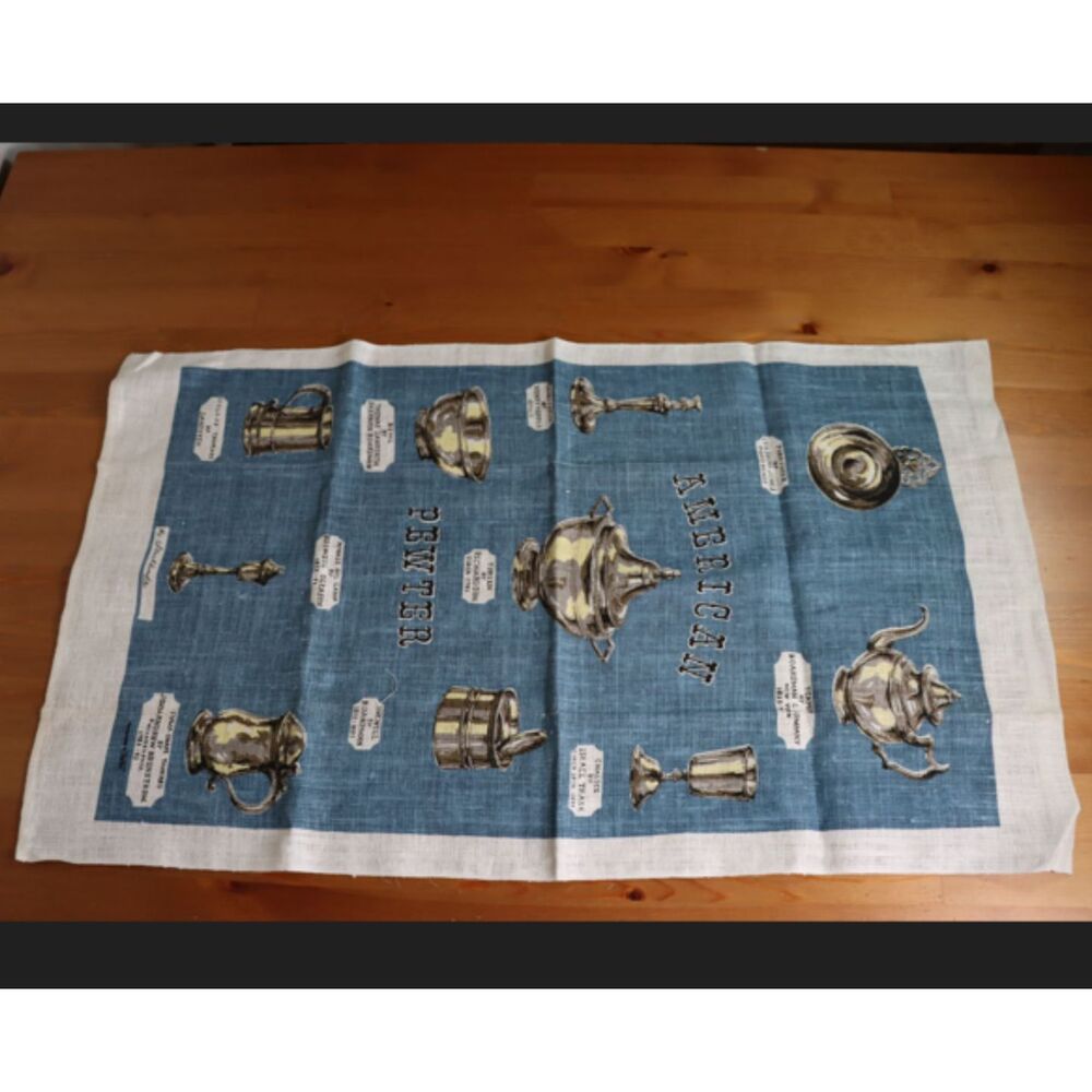 Vintage American Pewter Design Linen Cloth Tea Towel Cups Teapots Inkwells